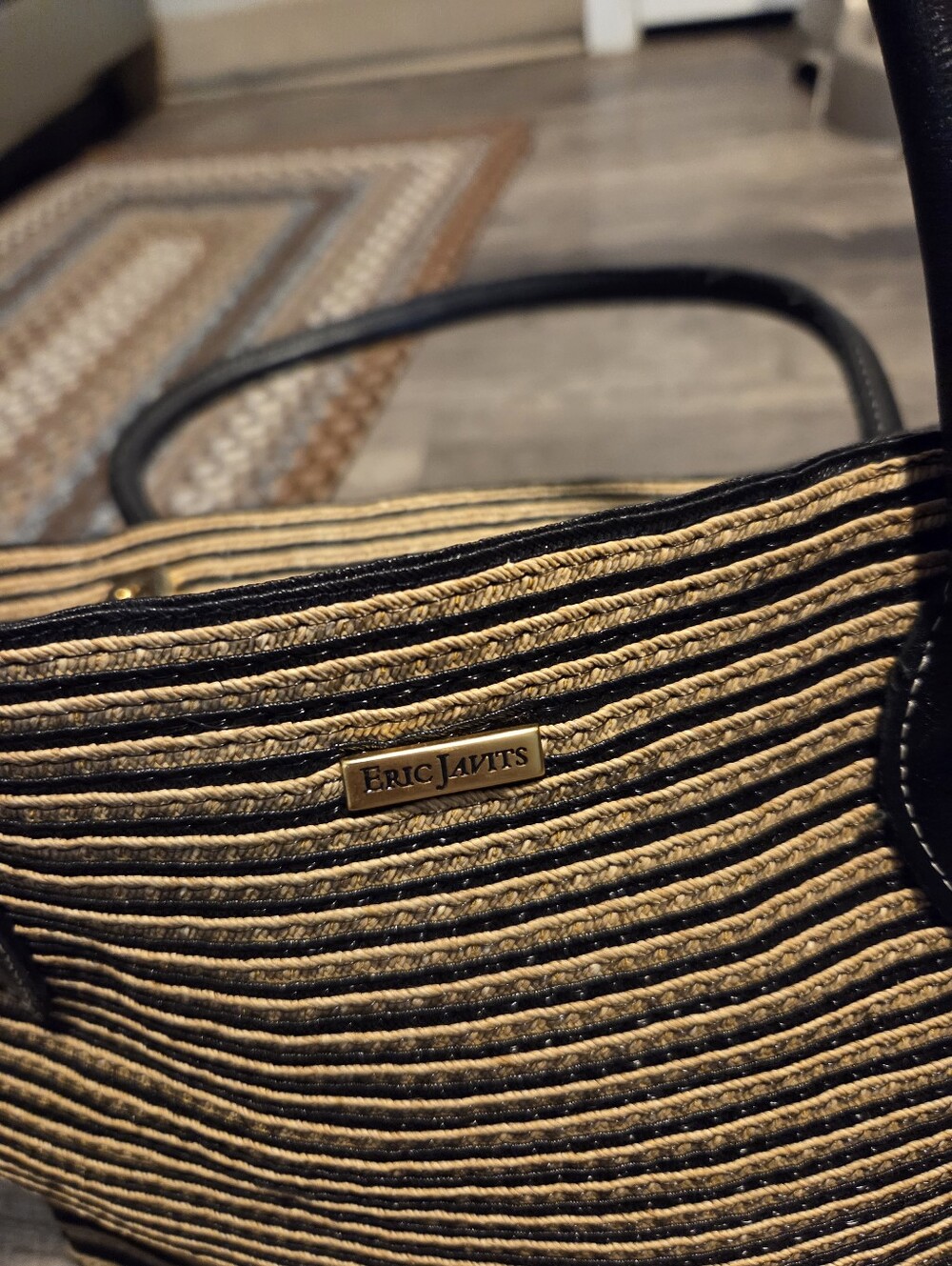 Eric Javits Natural and Black Striped Straw Tote